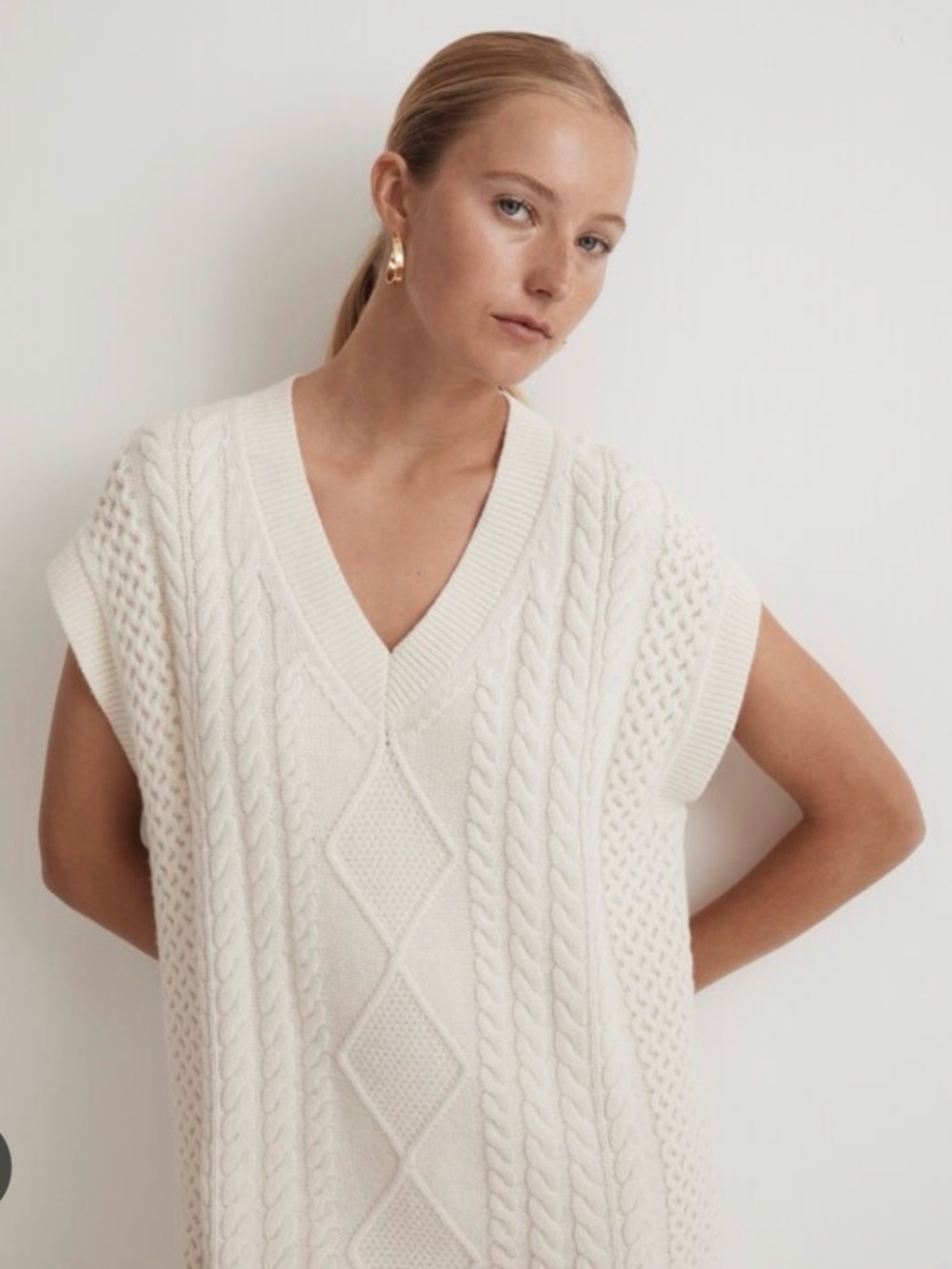 Madewell Ivory Cable-Knit V-Neck Sweater Vest